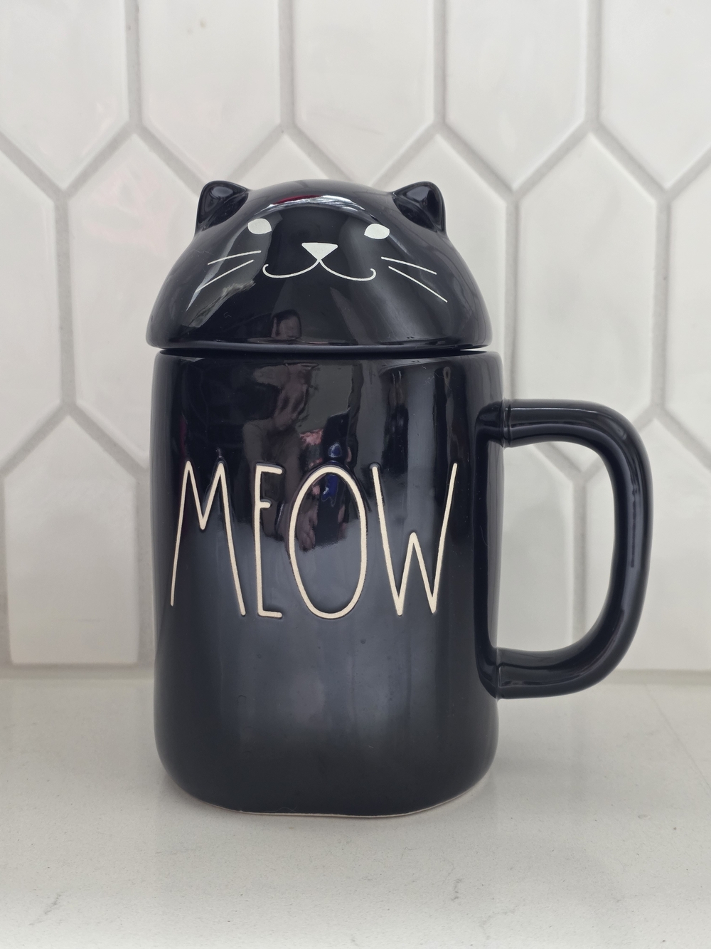 Rae Dunn Black Cat Ceramic 'MEOW' Mug with Cat Face Lid